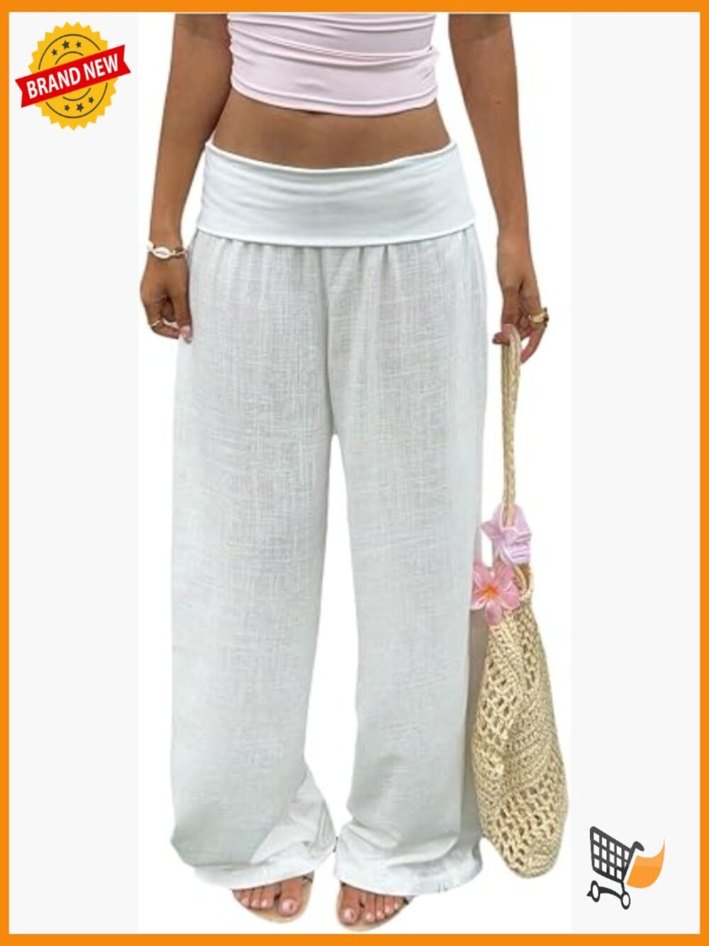 Wide Leg Linen Fold Over Pants Low Rise Lounge Beach Vacation